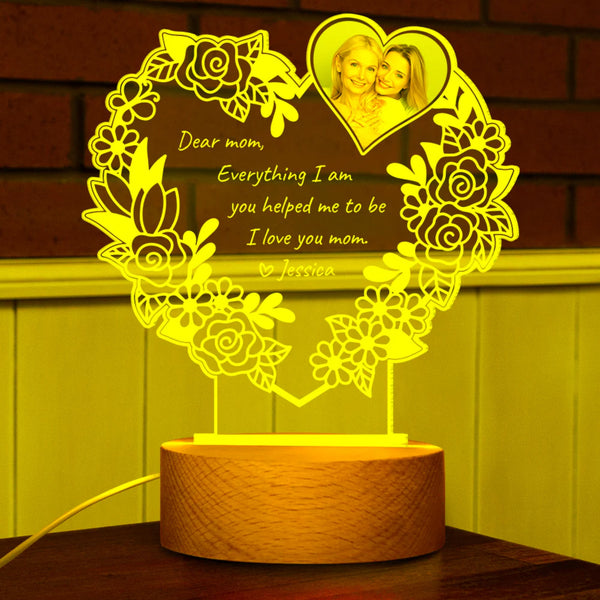 Luz nocturna LED personalizada "Te amo, mamá" con base de madera: regalo personalizado para mamá
